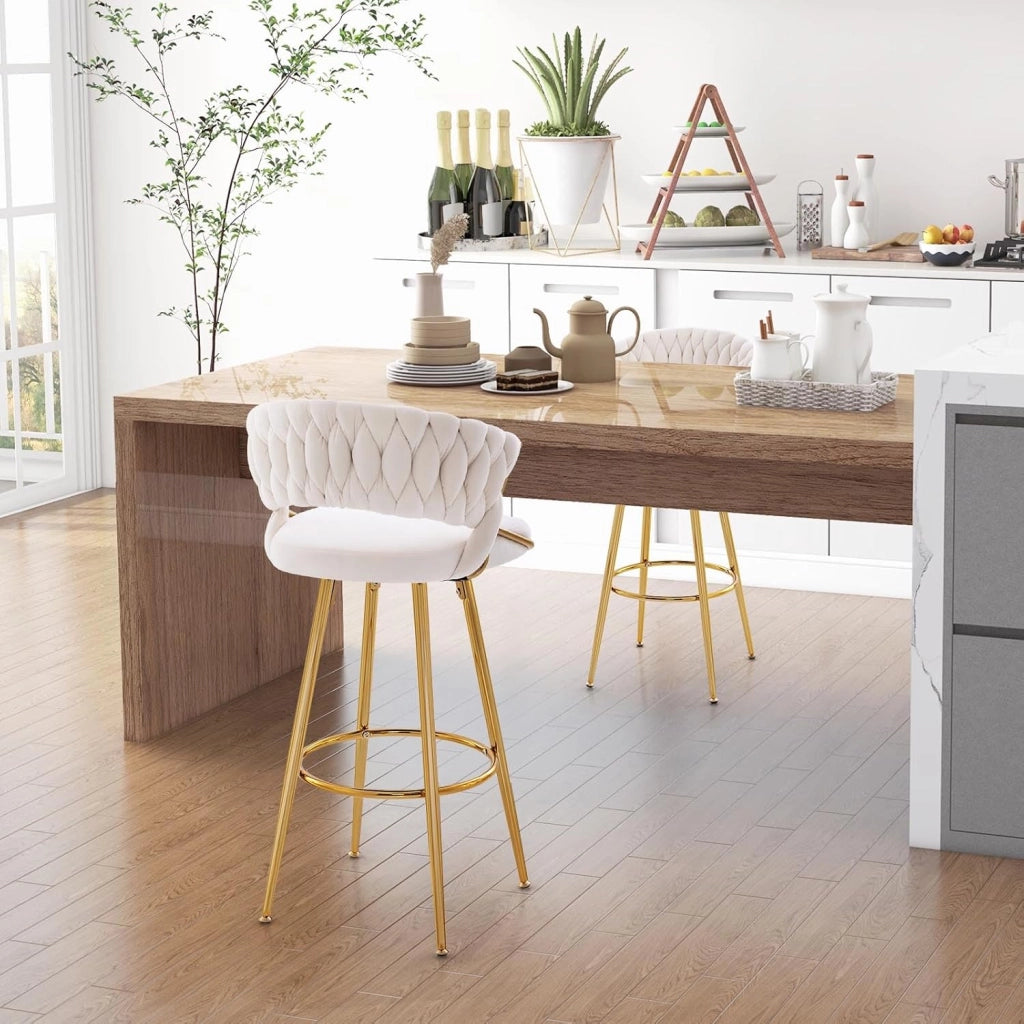 Set di 2 Sgabelli Bar in Velluto, Sgabello Bar di 73 cm con Schienale Intrecciato e Gambe in Metallo, con Schienale e Piedini Regolabili, per Cucina, Sala da Pranzo, Portata 200 kg(Bianco)