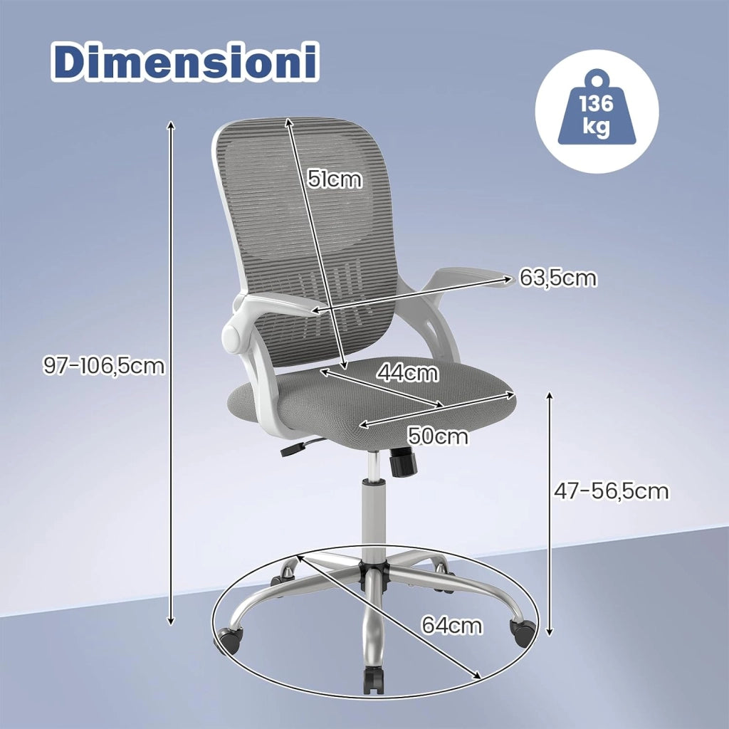 Sedia da Ufficio, Poltrona Ergonomica in Rete Traspirante con Braccioli Reclinabili, Poltrona da Scrivania Girevole Regolabile in Altezza con Ruote