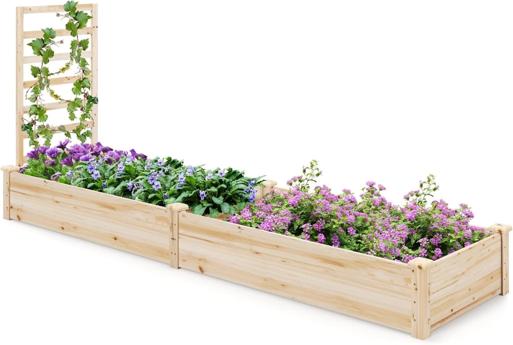 Fioriera da Esterno e Traliccio, Letto Rialzato in Legno per Fiori, Erbe, Verdure, Frutta e Viti Rampicanti, Aiuola Elevata da Giardino con Spalliera, 235CM x 63CM x 102CM (Marrone)