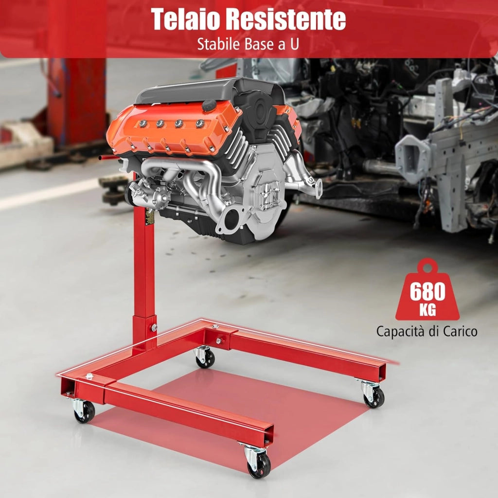 Cavalletto per Motore, Supporto Motore con Testa Rotante a 360°, 4 Bracci Regolabili, Ruote e Maniglia, capacità di carico 340 kg / 680 kg (Modello 680kg)