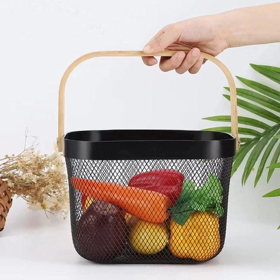 Cassa di stoccaggio in acciaio inossidabile, con maniglia in legno, filo metallico multifunzionale, contenitori per la cucina, cesto per frutta, ideale per cucina, bagno, sala da pranzo, armadio, negozio, nero