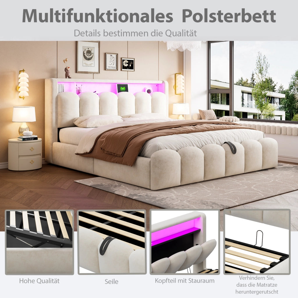 Letto Contenitore Matrimoniale 180x200 cm; USB; Type-C; LED; in Velluto - Beige