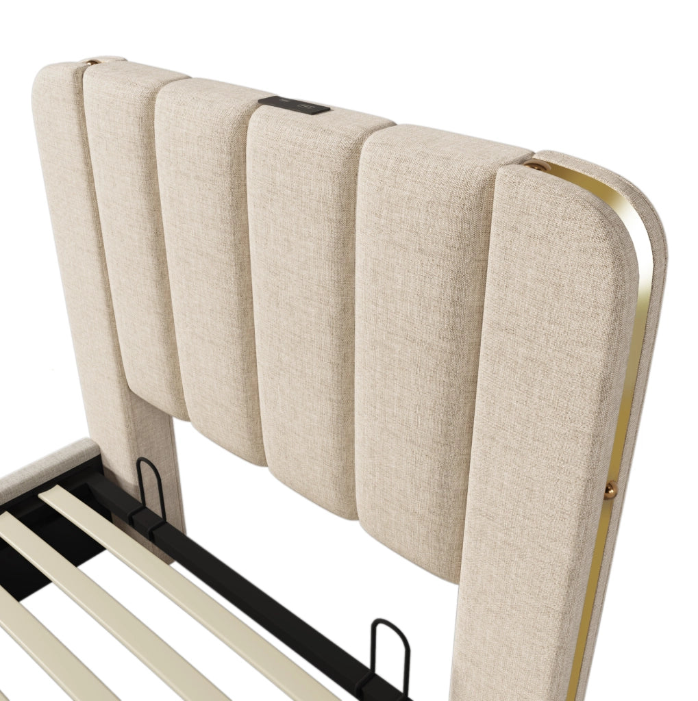 Letto singolo imbottito 90x200 cm in lino beige con contenitore; USB e tipo C; con materasso