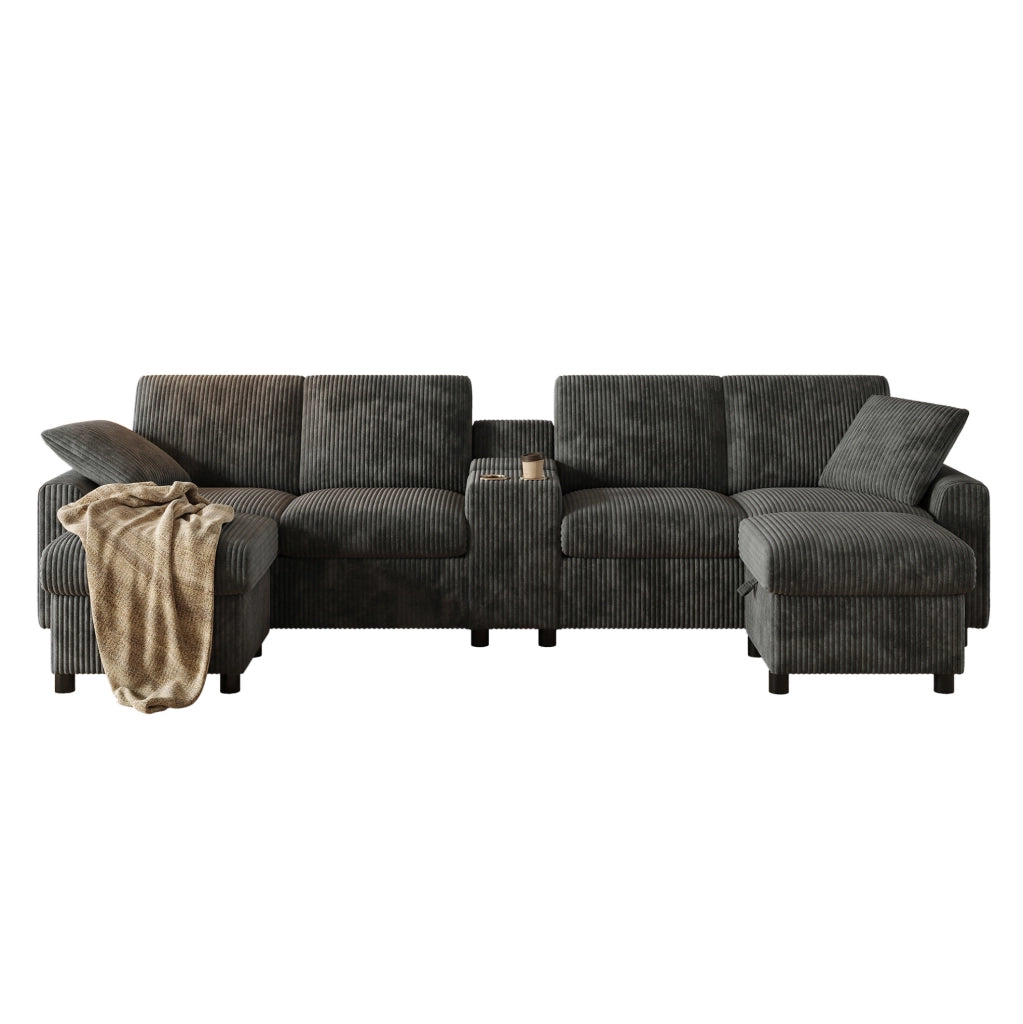 Divano a U in velluto a coste grigio con 2 pouf contenitore; tavolino e porte USB/Type-C