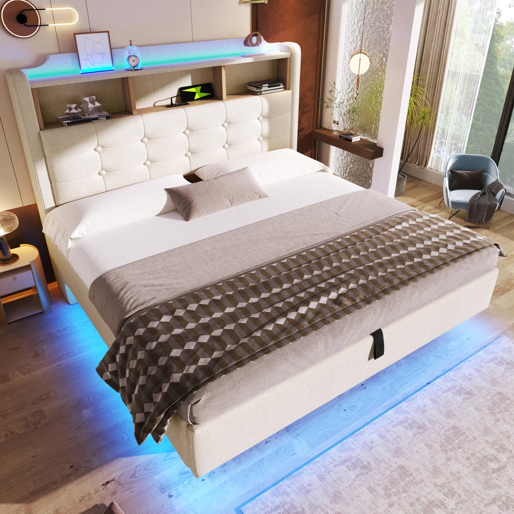 Letti contenitori 140x200 cm; con LED e contenitore idraulico; in lino; beige (Senza materasso)