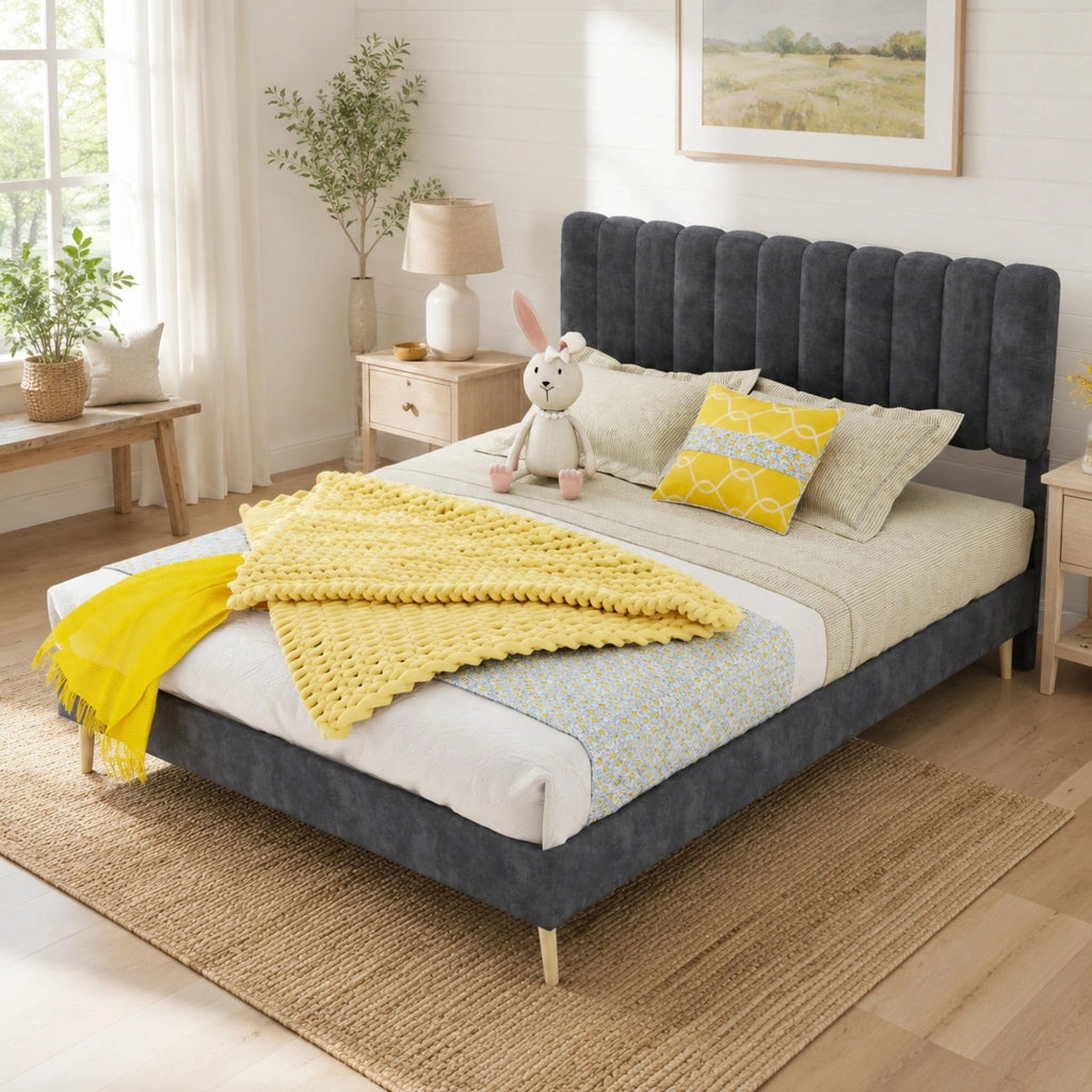 Letto matrimoniale imbottito 140x200 cm in velluto grigio con testiera morbida