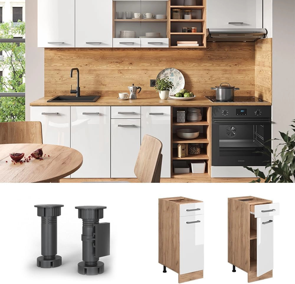 Mobiletto base per cucina R-Line, Bianco lucido, 30 cm senza piano di lavoro, per la libera combinazione all'interno di sistemi cucina modulari