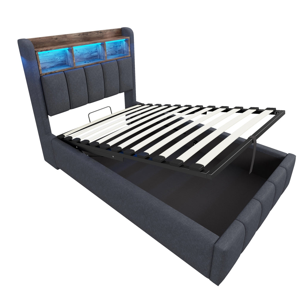 Letto imbottito 90x200 cm con LED RGB, porta USB e contenitore idraulico