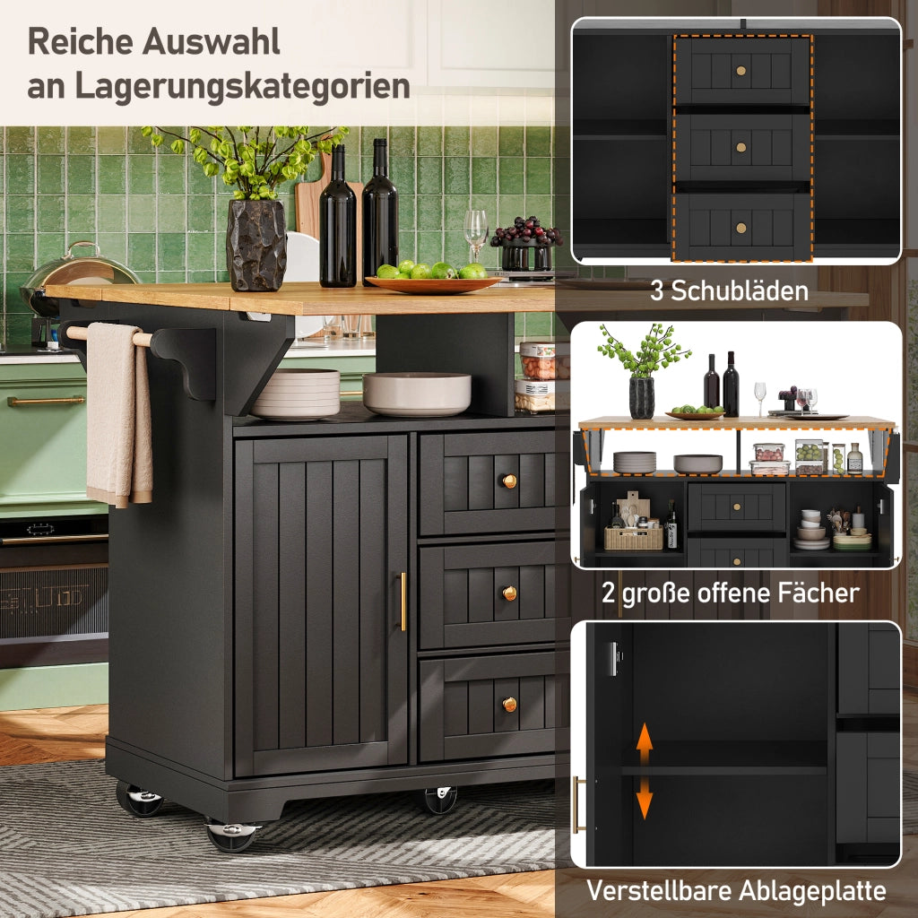 ISOLA CUCINA 120x40x95 cm MDF Nero con 3 Cassetti e Ruote