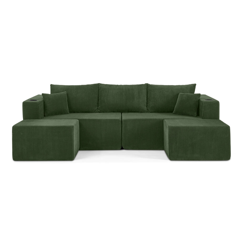 Divano angolare modulare 3 posti - con pouf mobili e tasche laterali - in corda verde