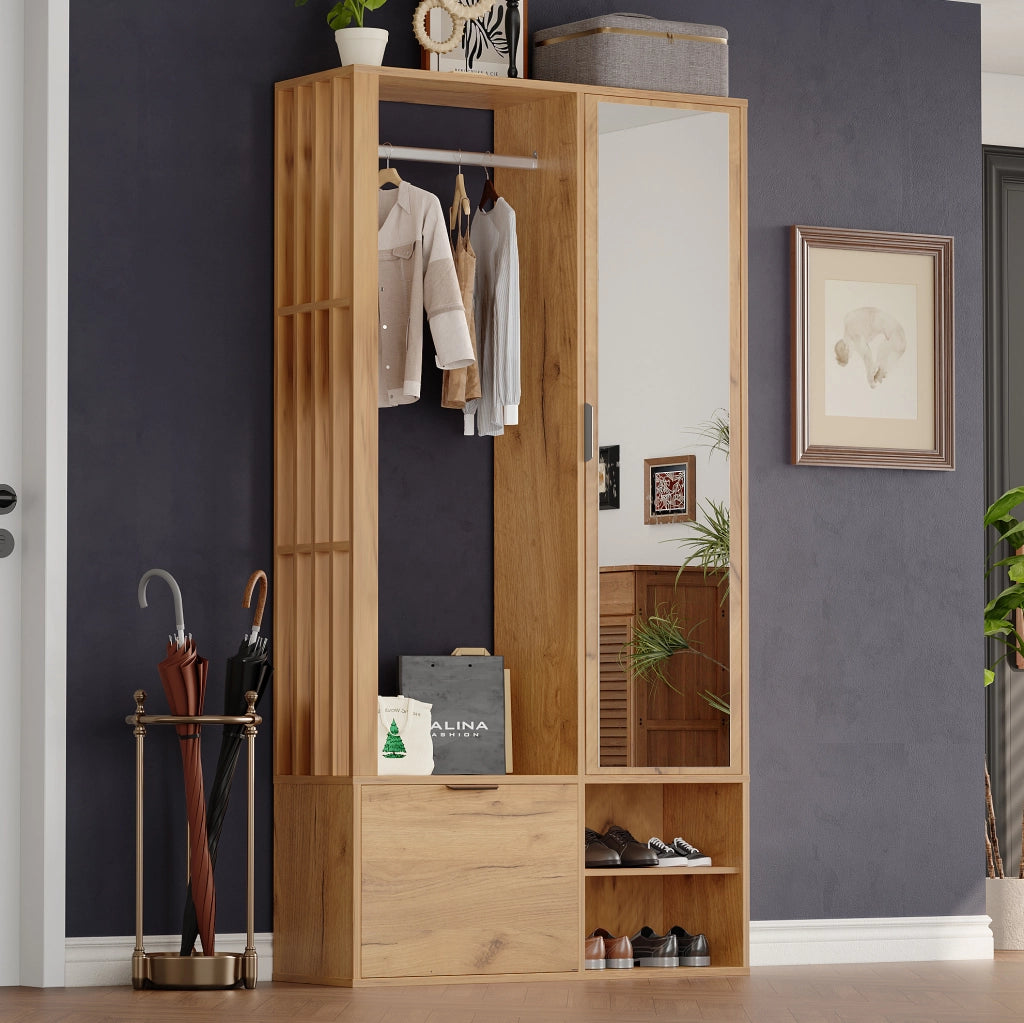 Mobile ingresso 6 in 1 con specchio, appendiabiti e 9 vani, 100x33x190 cm