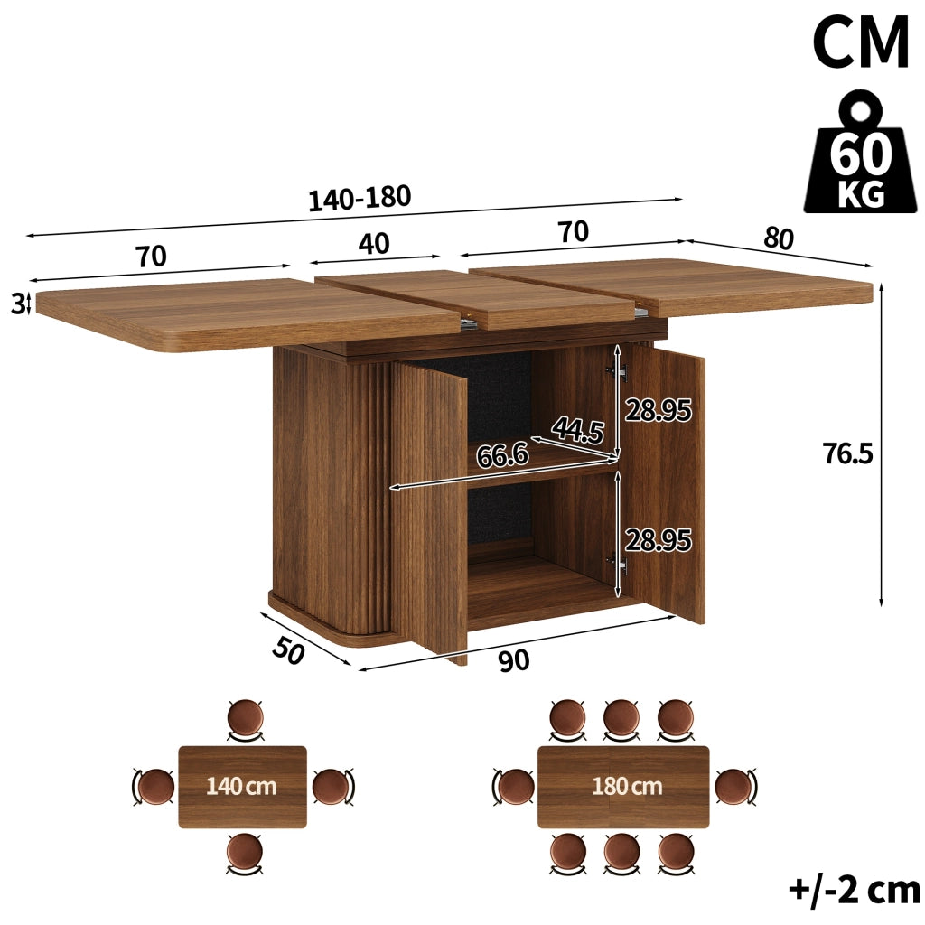 Tavolo da pranzo estensibile 140-180 x 80 cm con vano contenitore; MDF e metallo; marrone