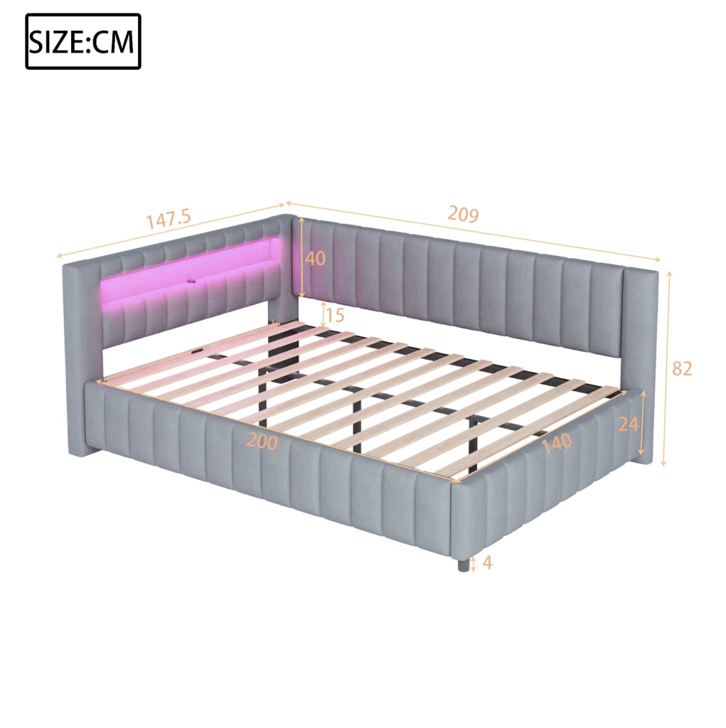 Divano letto angolare 140x200 cm in velluto grigio con LED e USB