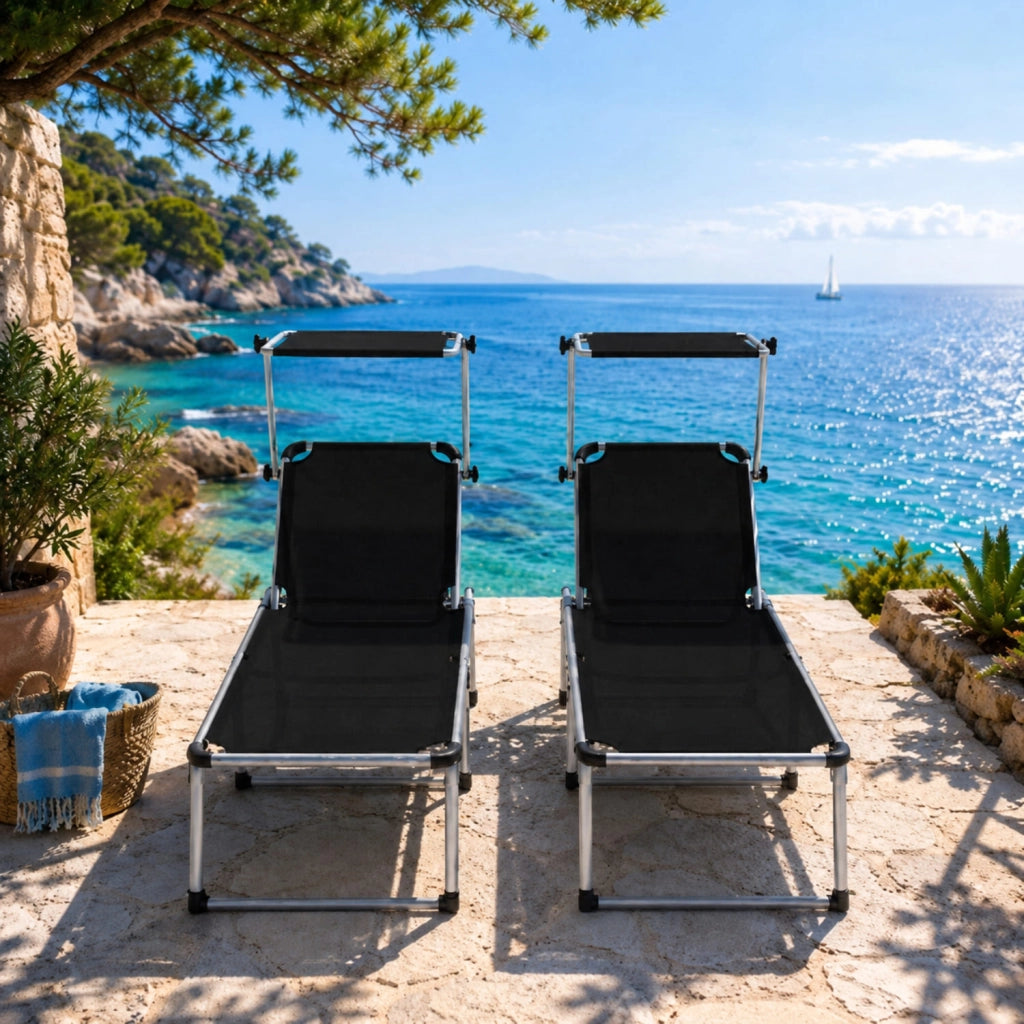 Set 2 Lettini Da Sole Richiudibili Con Tettuccio Ombreggiante Schienale Reclinabile A 6 Regolazioni Struttura Leggera In Alluminio Ideali Per Mare Spiaggia Giardino Piscina 187 x 59 x 29 Cm Nero