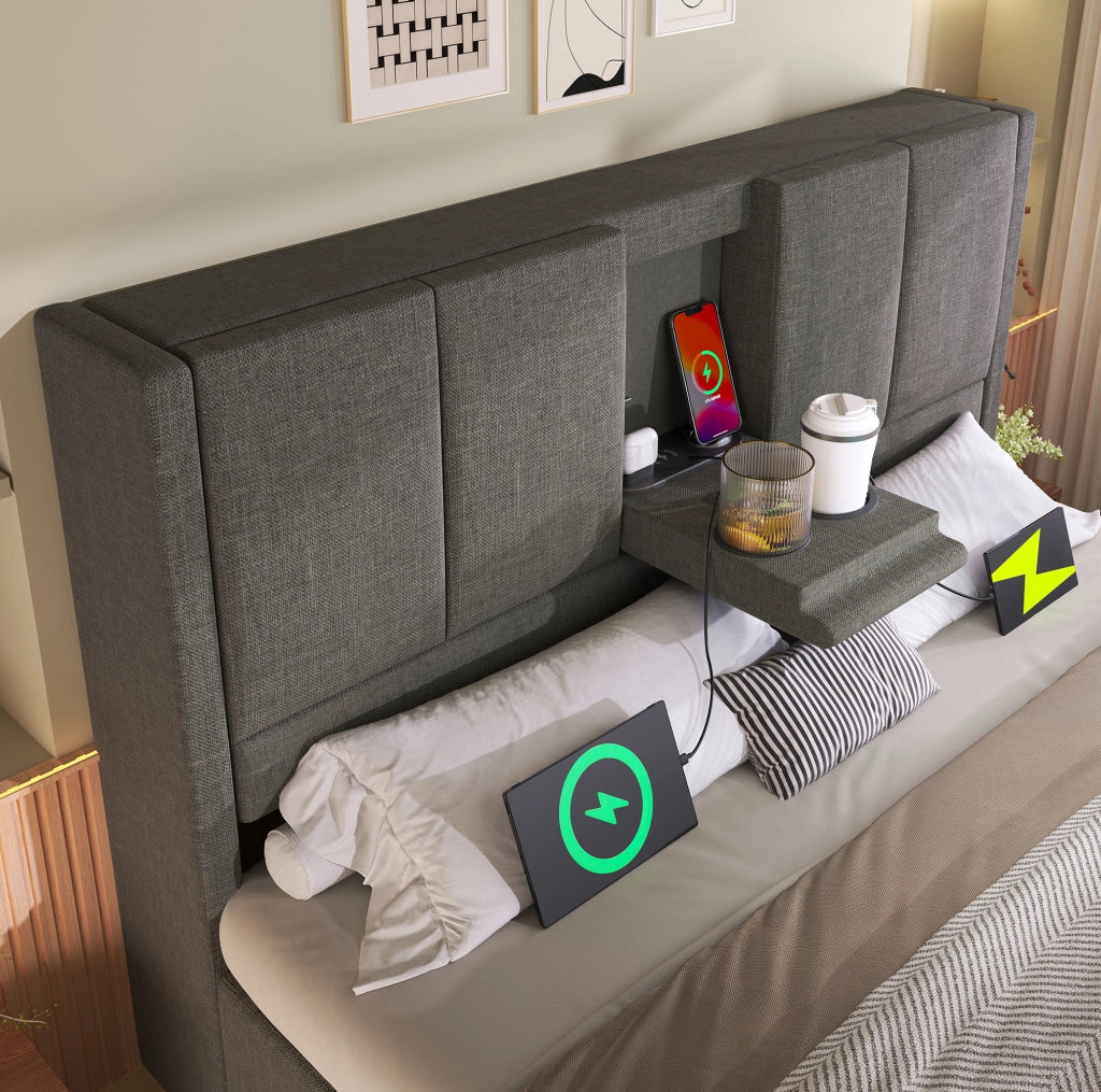 Letto imbottito 140x200 cm con vano contenitore e USB-C