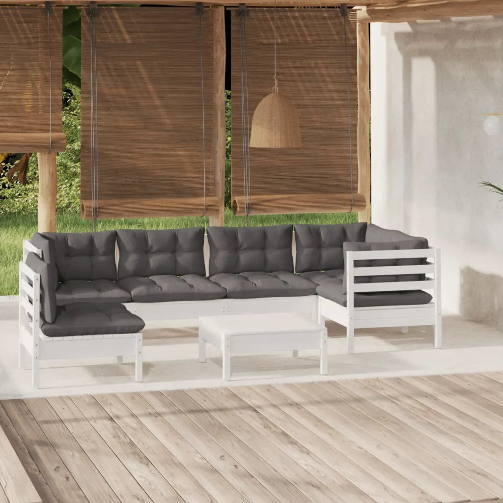 Set Divani da Giardino 7 pz con Cuscini Bianchi Legno di Pino 3096425