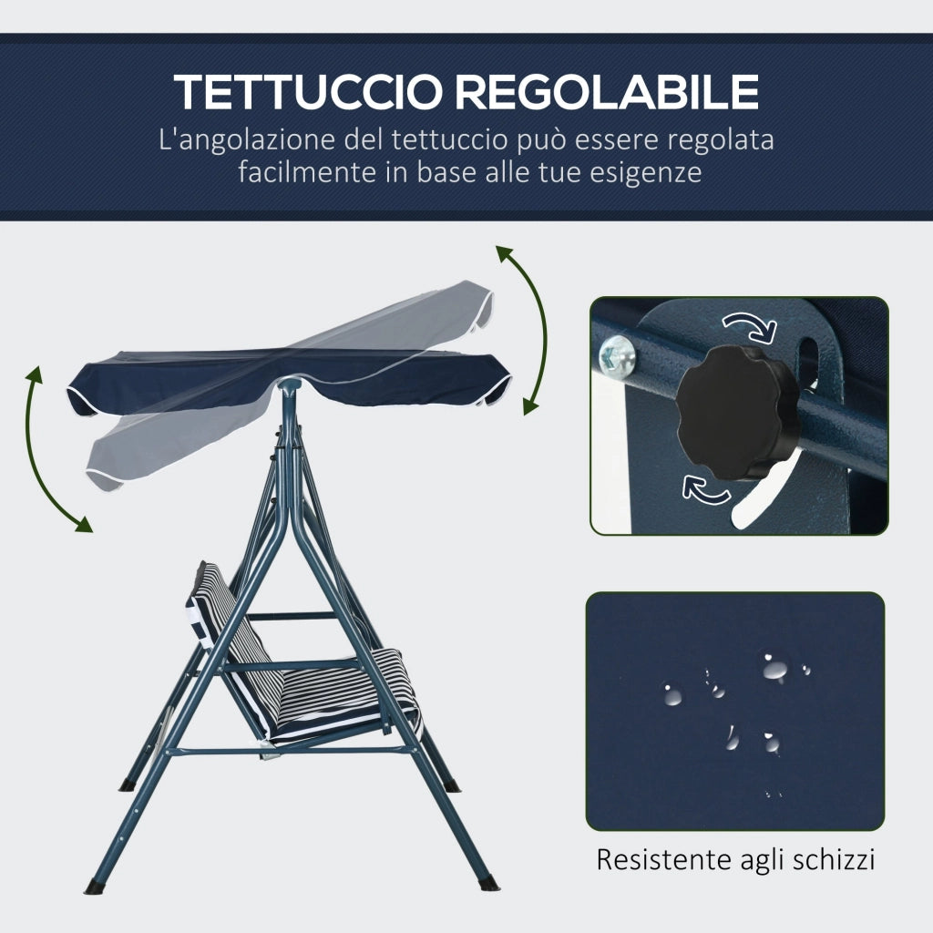 Dondolo da Giardino 3 Posti 172x110x153 cm con Tetto Parasole in Acciaio e Poliestere Bianco e Blu