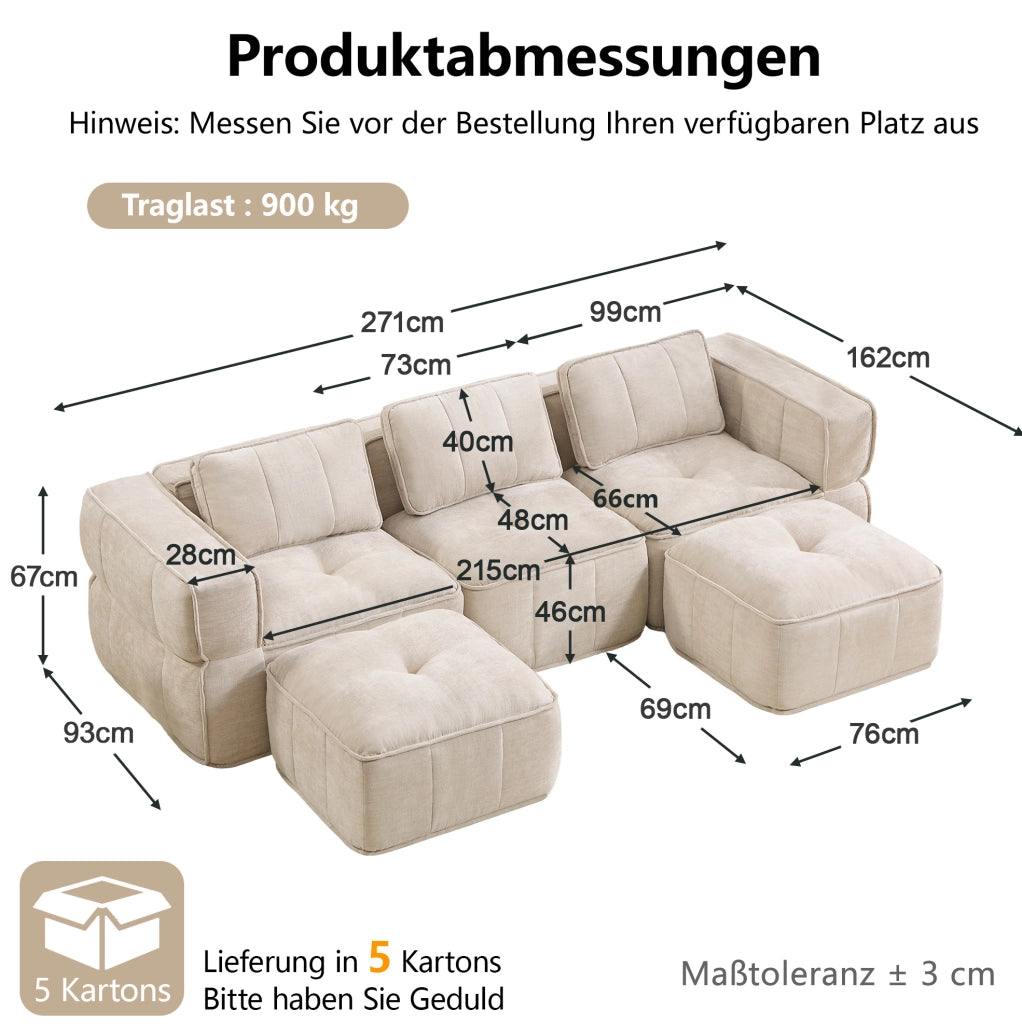 Divano modulare a U 271x162x67 cm in poliestere beige con seduta profonda e senza montaggio