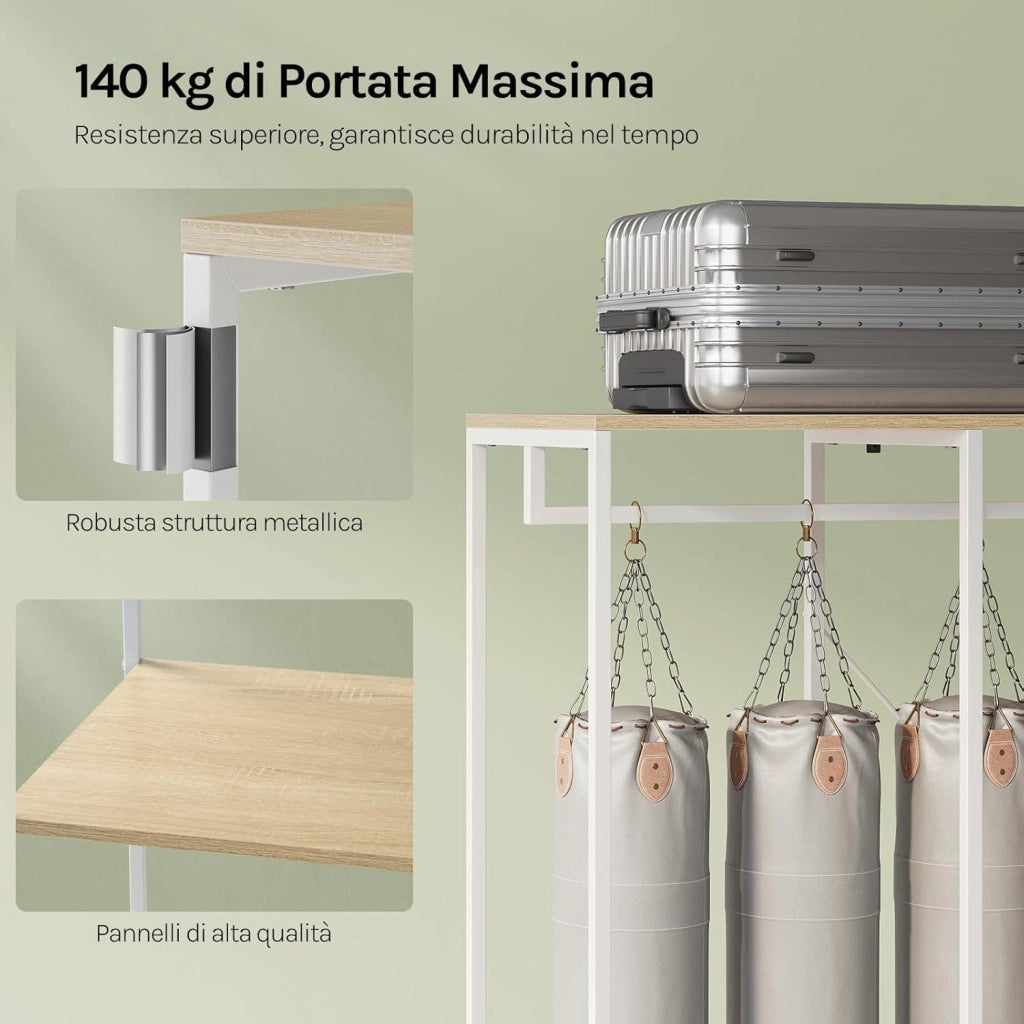 Porta Abiti in MDF e Acciaio, Appendiabiti con Scaffali, Attaccapanni Moderno, Guardaroba Armadio Bianco 90x40x204,5 cm