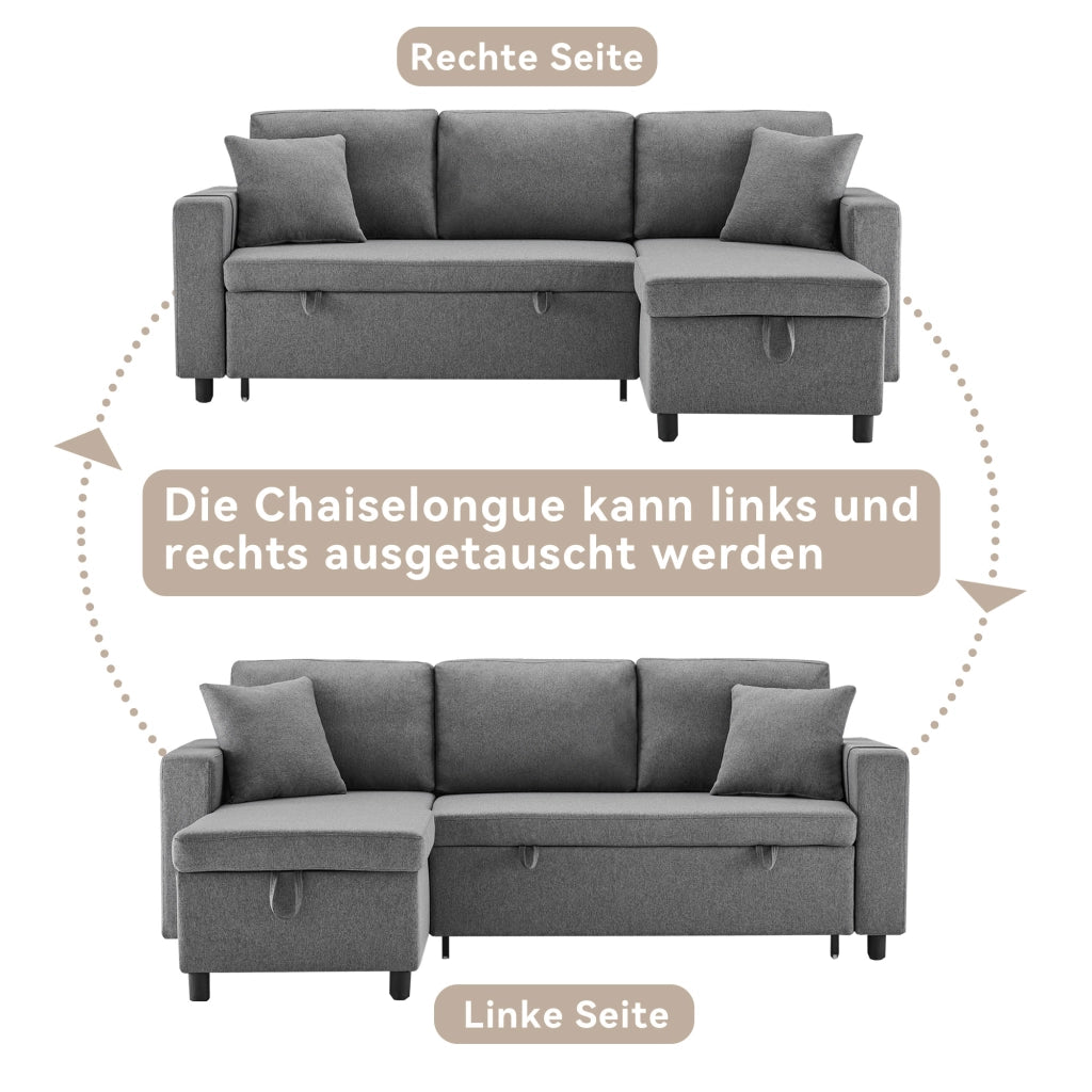 DIVANO LETTO Angolare reversibile 219,5x142,5x83 cm Lino Grigio Scuro con 2 cuscini