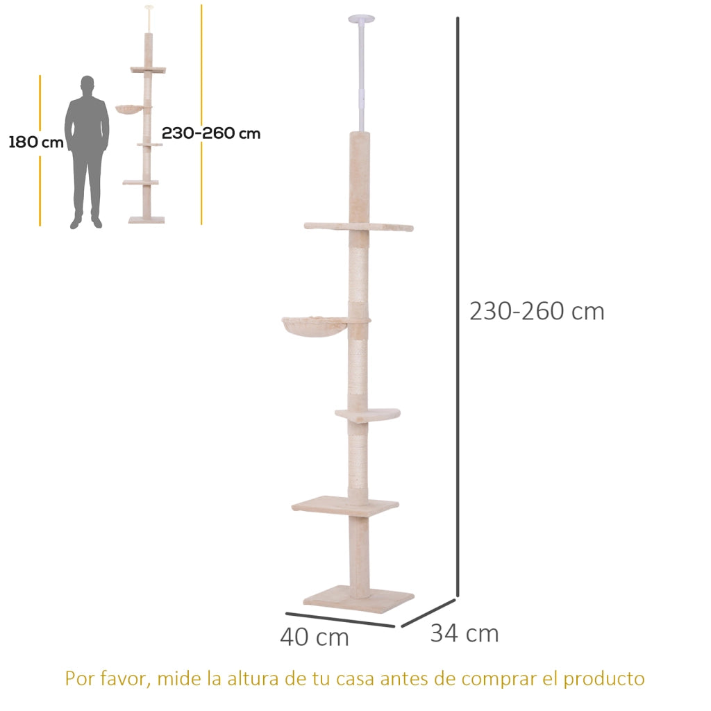 Albero per gatti regolabile 230-260 cm con piattaforme amaca e pali sisal beige ¨C zephmum