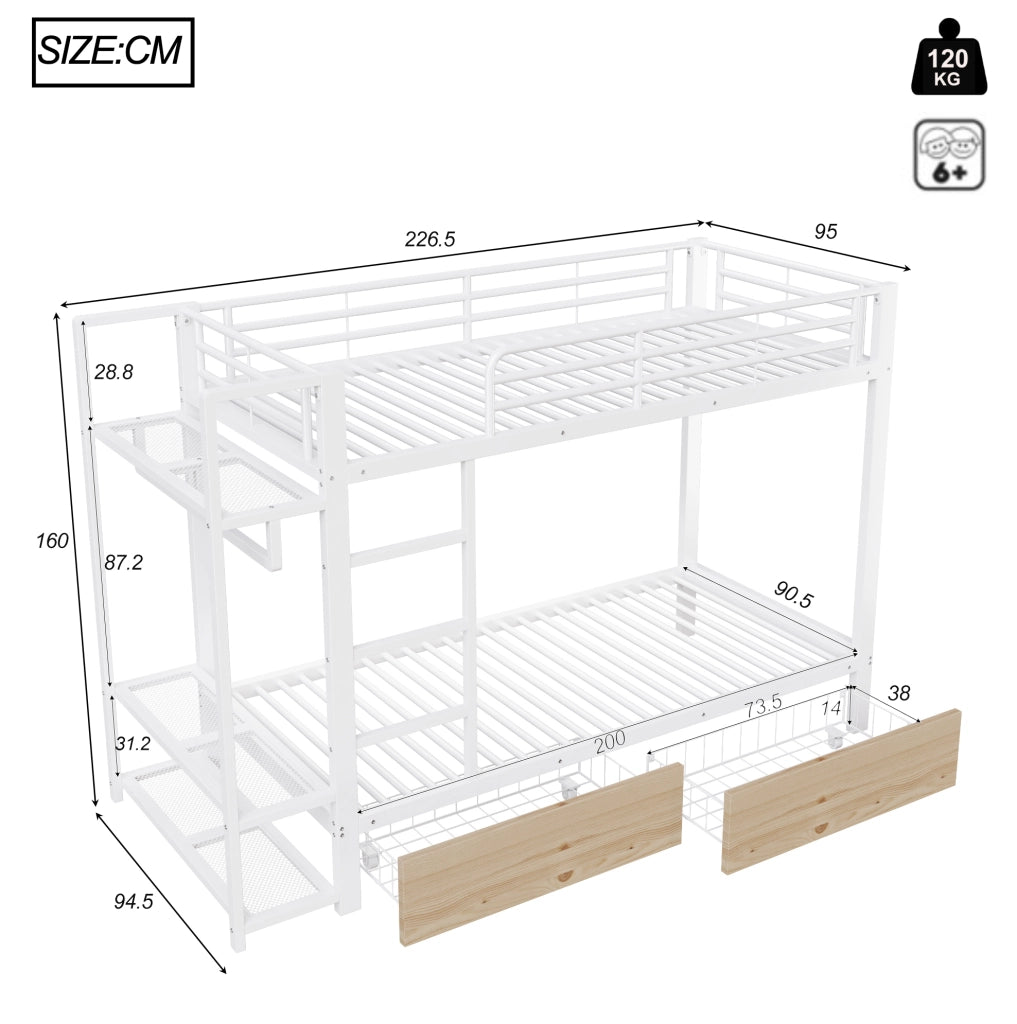 Letto a castello 90x200 cm con struttura in metallo; 2 cassetti; ripiani e LED; bianco
