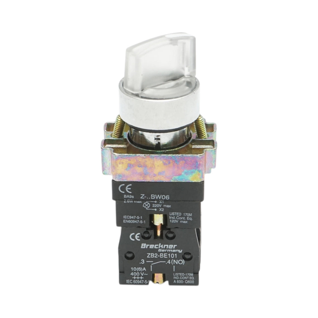 Selettore a 2 posizioni con ritenuta e indicatore di segnalazione a LED bianco 1NO+1NC, 220V, LAY5 Breckner Germany
