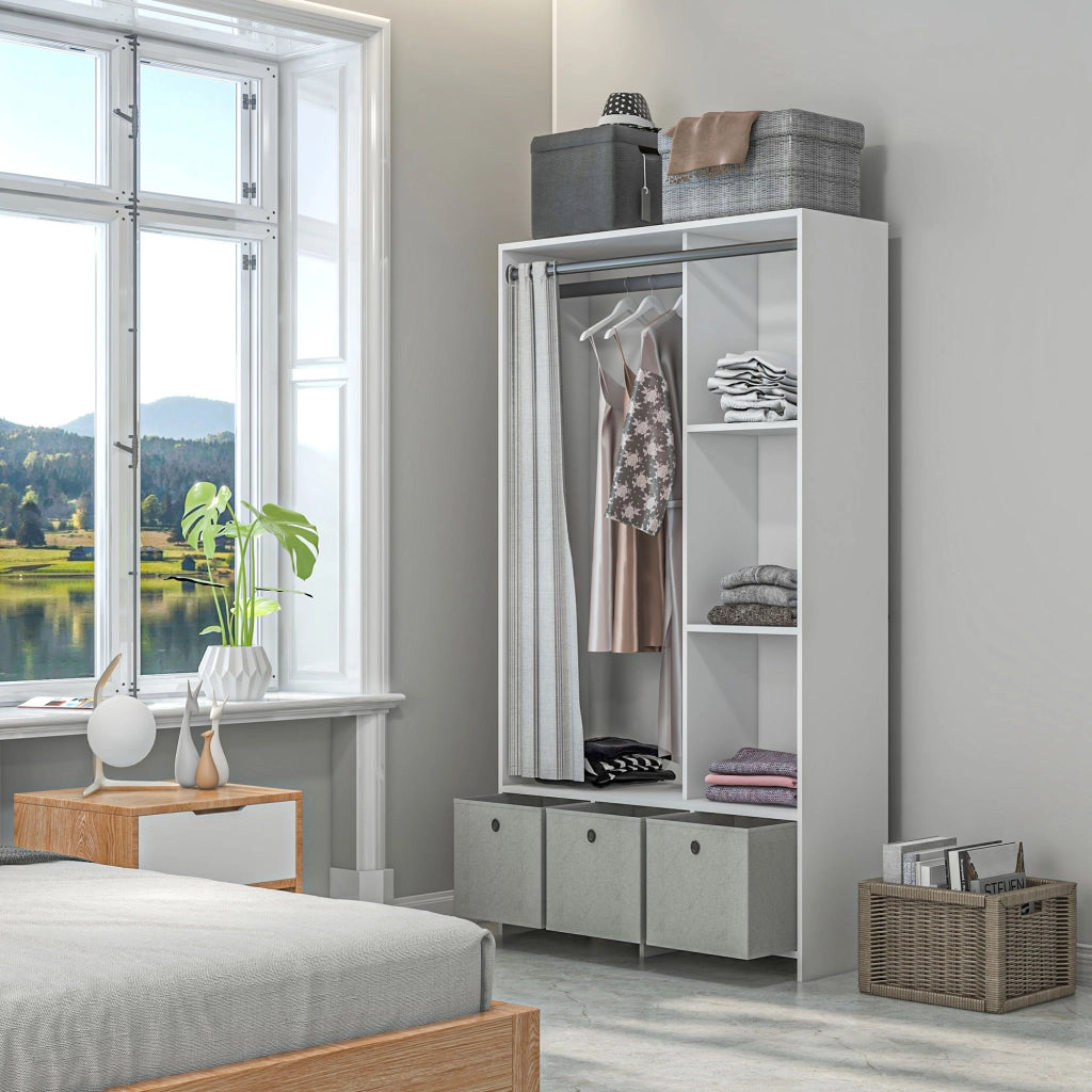 Armadio Guardaroba 105x48x160 cm con Barra Appendiabiti Ripiani e Cassetti in Legno e Tessuto Bianco e Grigio