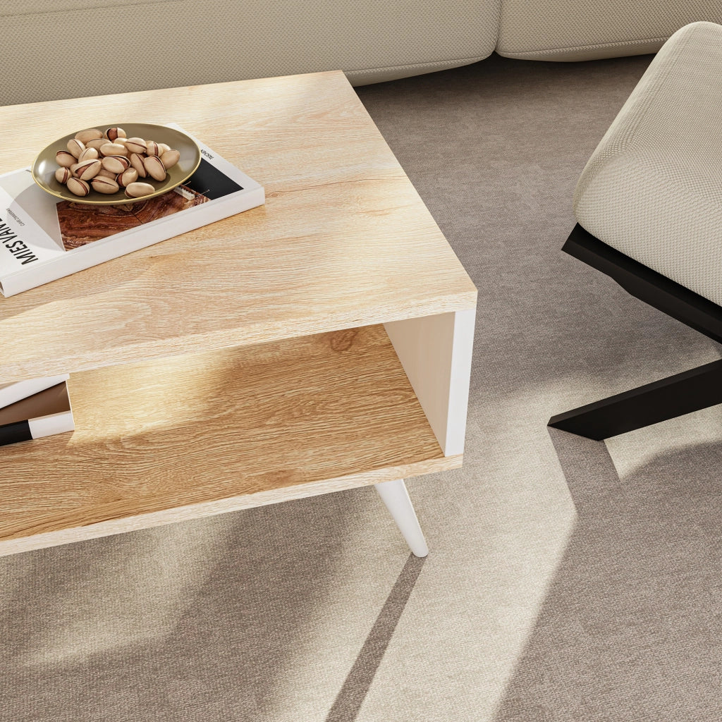 Tavolino Basso da Divano 'Lycksele' con Scomparto Semiaperto e 4 Piedini - Effetto Rovere / Bianco [en.casa]