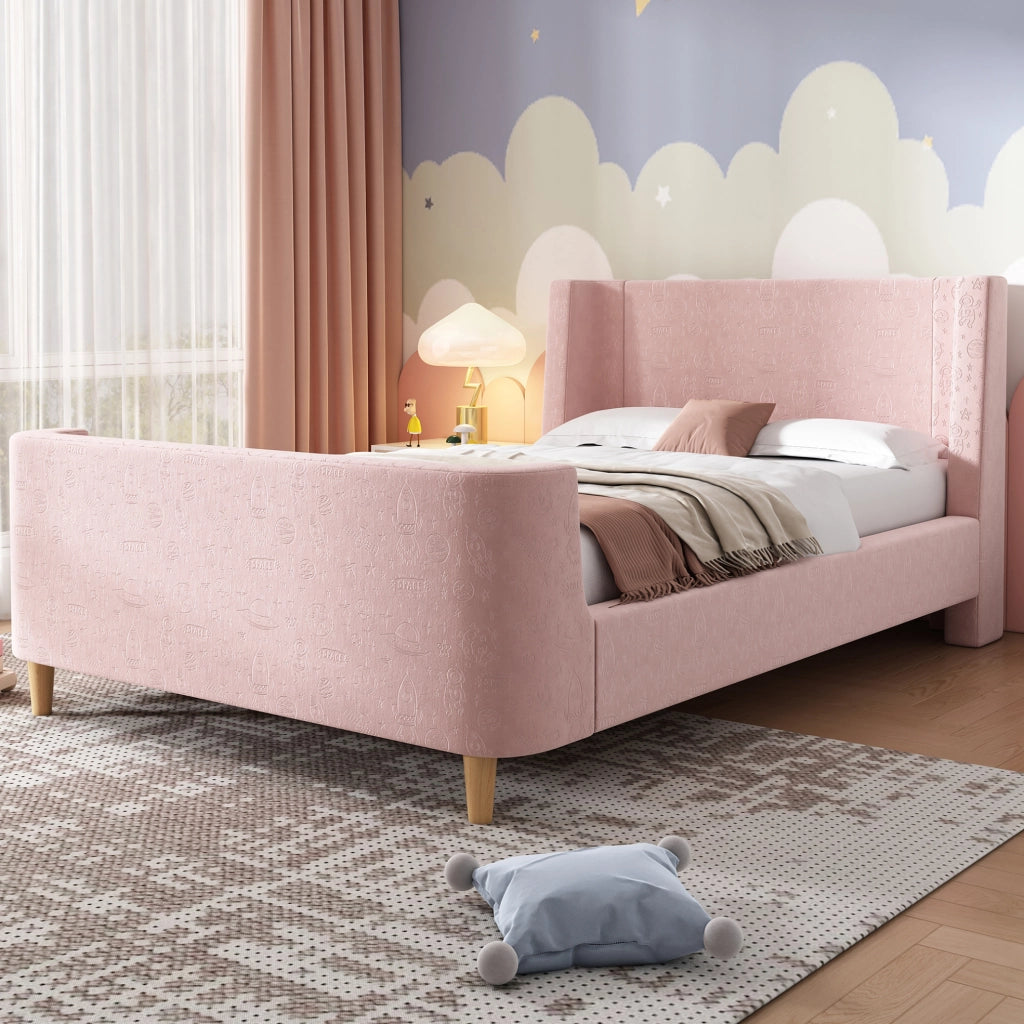 Letto singolo per bambini rosa 90x200 cm in velluto con motivo spaziale