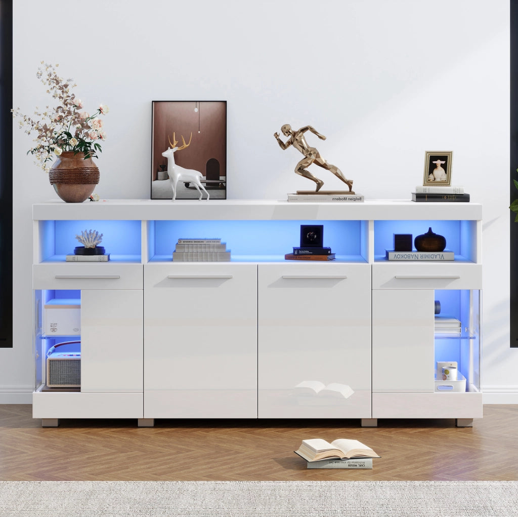 Sideboard moderno bianco 140x40x70 cm con luce a LED e vetro temperato