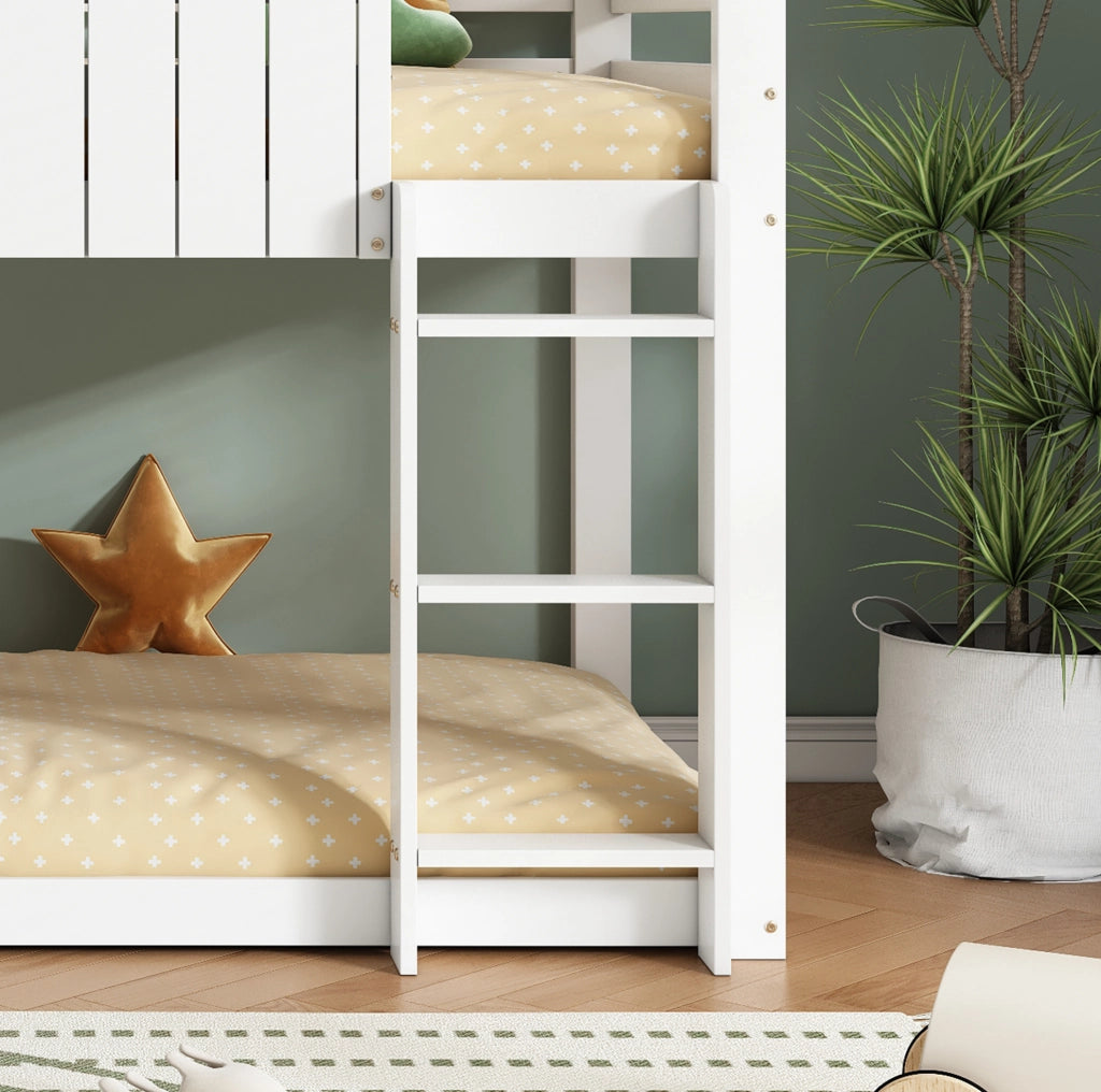 Letto a soppalco per bambini a casetta con scala 3 gradini; 90x200 cm; pino e MDF; bianco e nero