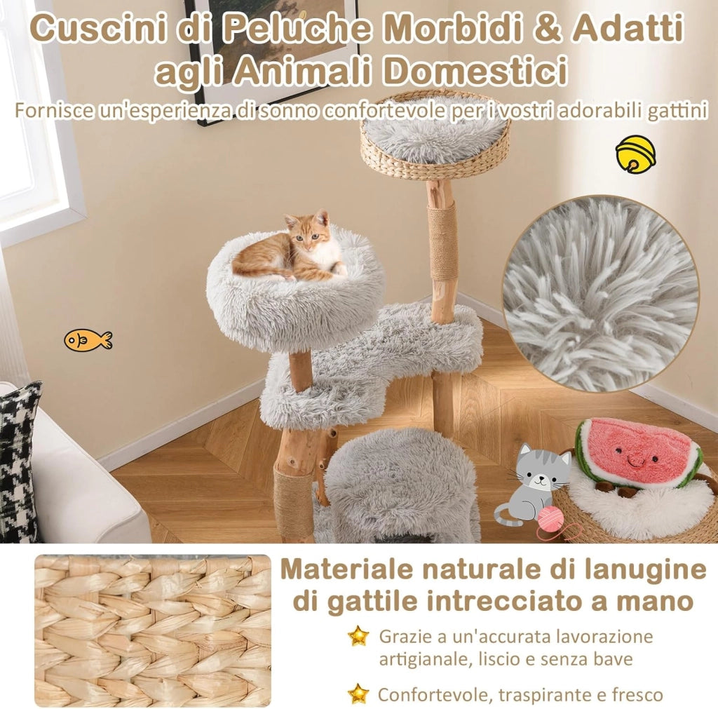 Albero per Gatti in Legno Alto 124 cm, Albero Tiragraffi per Gatti in Legno Massello con Pali di Corda di Juta, Torre Moderno per Animali Domestici Interni a 5 Livelli (Grigio)