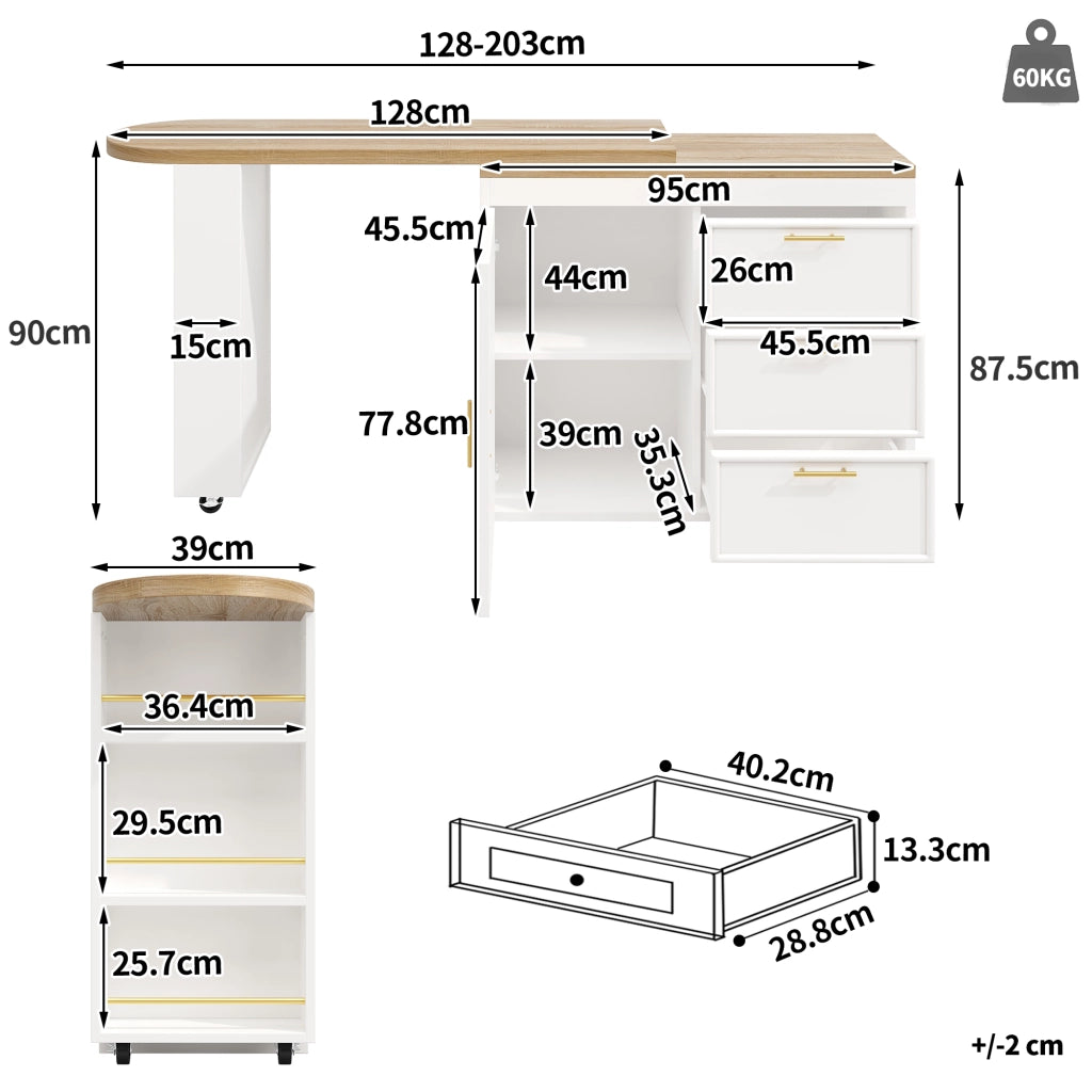 Mobile bar con 3 cassetti e ripiani regolabili; rotazione 360° - in MDF e metallo - bianco