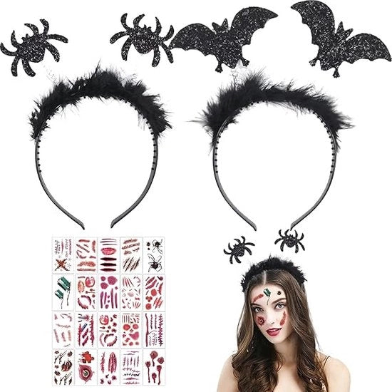 Costume di Halloween con maschera da pipistrello per la testa, cuffia vampiro con occhi da pipistrello, accessorio di costume da Halloween con stazioni per il viso, tatuaggi da pipistrello