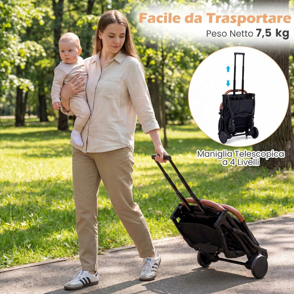 Passeggino Leggero per Neonati con Tettuccio, Schienale e Poggiapiedi Reclinabili, Passeggino Pieghevole con Portabicchieri, Cestello Portaoggetti, per Bambini 0-3 Anni (Nero)