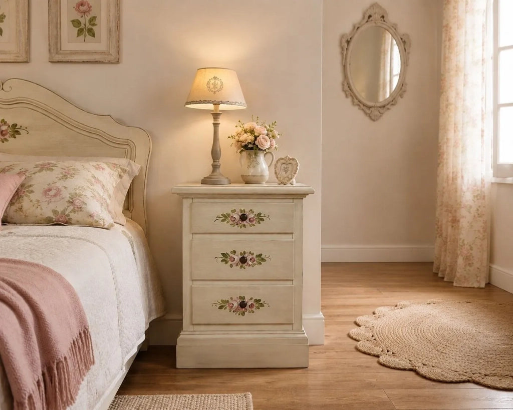 Comodino 3 cassetti legno shabby bianco anticato decori 50x38x65 - Mobili 2G