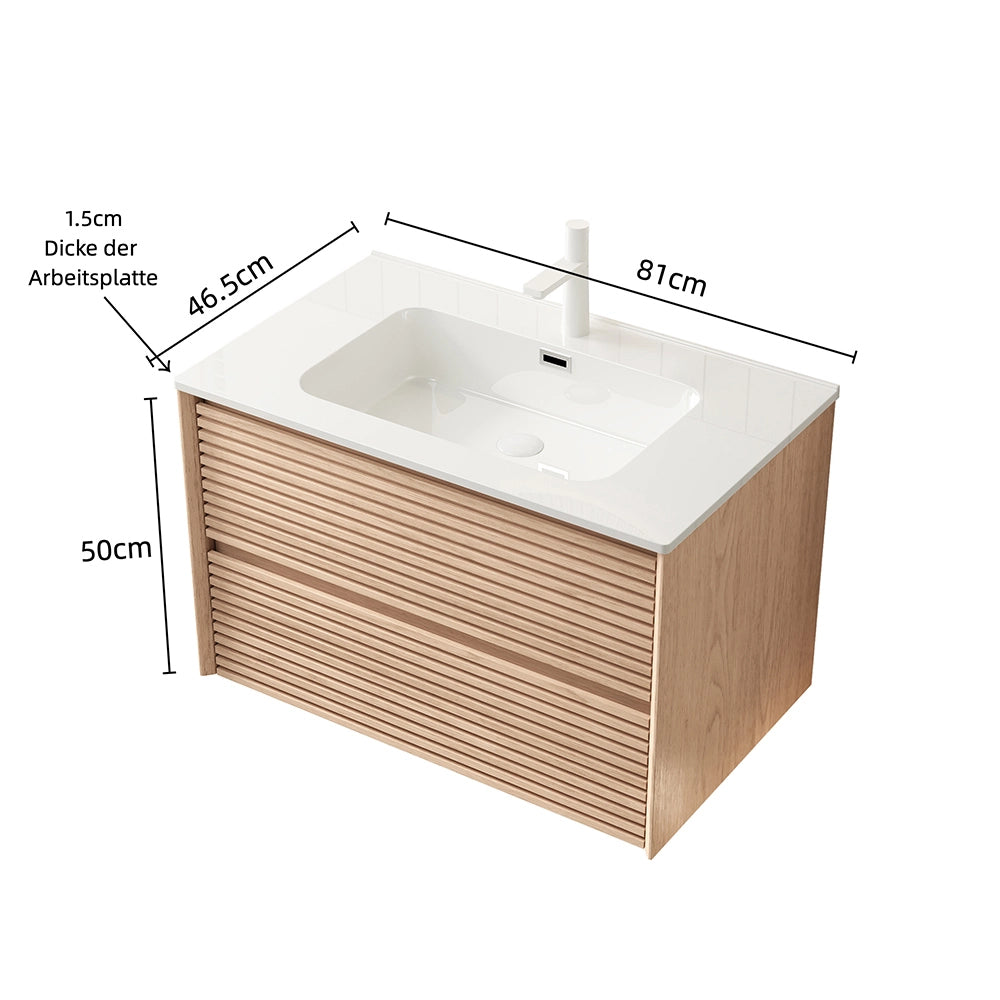 Mobile lavabo a parete con vaso in ceramica - Xylo - 81 cm - Colore legno cannella - 2 cassetti pre-assemblato