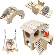 Set di Giochi per Hamster - Casa in Legno, Sospensione, Ponte, Giardino di Arrampicata per Piccoli Animali da Compagnia