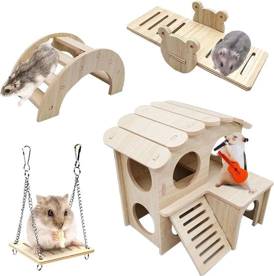 Set di Giochi per Hamster - Casa in Legno, Sospensione, Ponte, Giardino di Arrampicata per Piccoli Animali da Compagnia