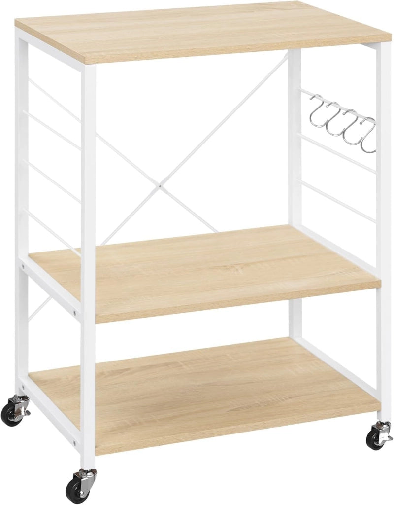 Scaffale da Cucina con Ruote, Carrello Cucina a 3 Livelli, Scaffale per Microonde con 4 Ganci, Carrello da Bar con Struttura in Metallo, Bianco + Effetto Legno, 60x40x82,5 cm
