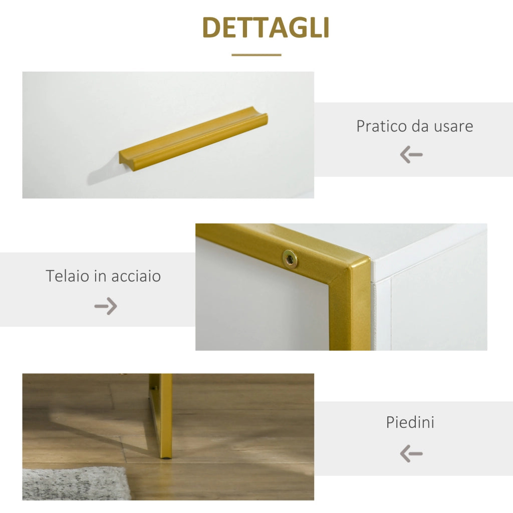 Set 2 Comodini Moderni con Cassetto e Ripiano Aperto in MDF e Acciaio, 45x40x60cm, Bianco e Oro