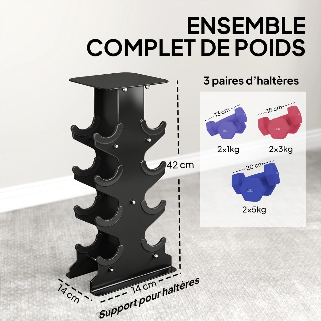 Set 3 manubri esagonali con supporto ¨C zephmum ¨C 2x1kg, 2x3kg, 2x5kg, nero