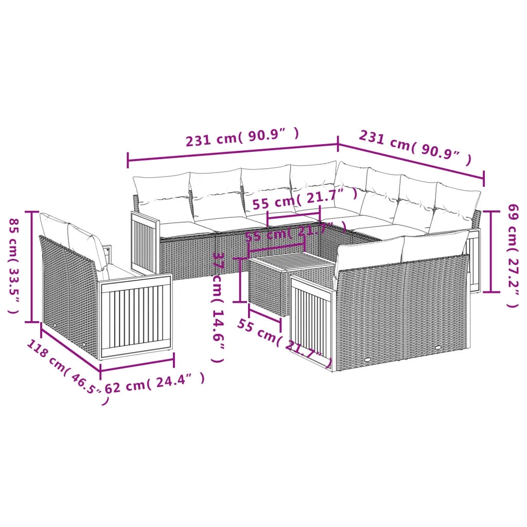 Set Divani da Giardino 12 pz con Cuscini Beige in Polyrattan 3260588