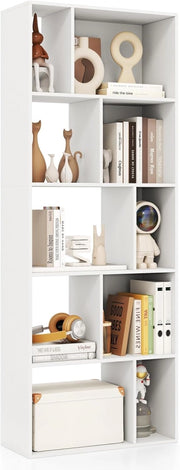 Libreria Geometrica a 5 Piani, Scaffale in Legno con 10 Scomparti, Mensola Espositiva a Pavimento, Scaffale Autoportante per Studio Soggiorno Camera da Letto, 60x25x160 cm