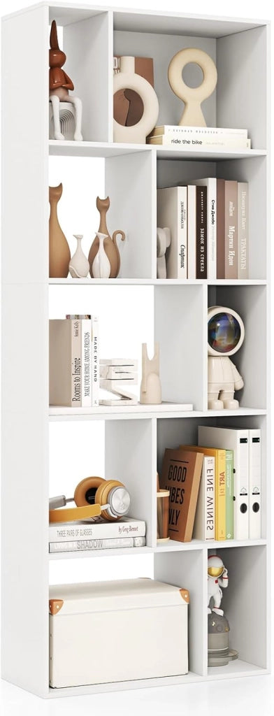 Libreria Geometrica a 5 Piani, Scaffale in Legno con 10 Scomparti, Mensola Espositiva a Pavimento, Scaffale Autoportante per Studio Soggiorno Camera da Letto, 60x25x160 cm