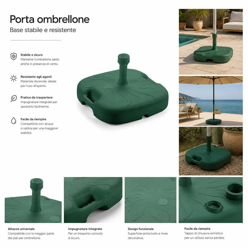 SUPPORTO BASE OMBRELLONE DA GIADINO IN PP 45 X 45 X 16 CM COLORE VERDE - 18L