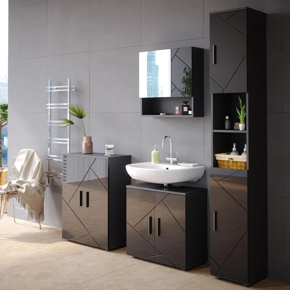 Mobile bagno alto Irma, Antracite lucido, 30 x 192 cm, per la conservazione di accessori da bagno e compatibile con la serie Irma