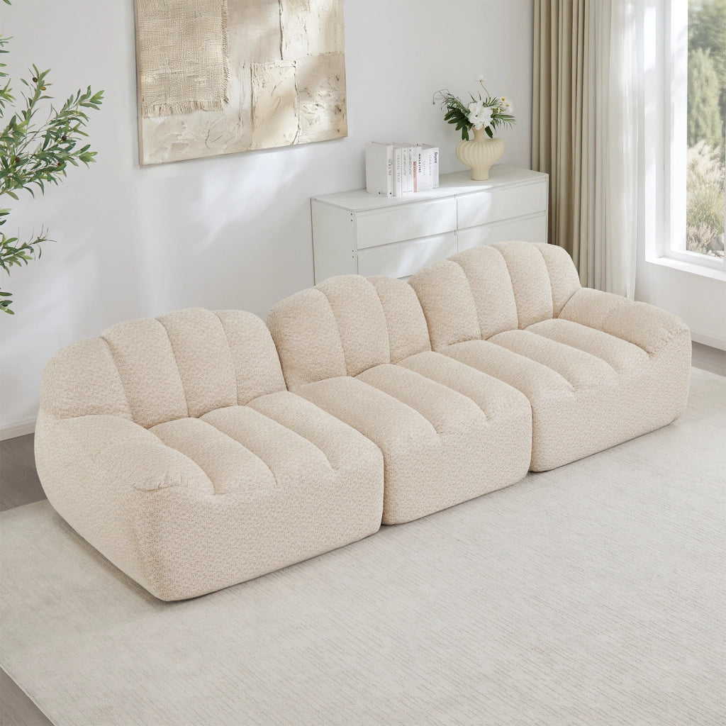 Divano modulare senza struttura con schiuma 32D e pouf in pile granulato beige bianco 288 × 104 × 79 cm