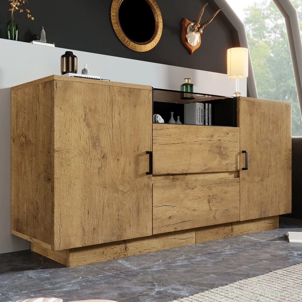 Credenza Sideboard con 2 Cassetti e 2 Ante in Vetro ESG ¨C MINIMAL ¨C Effetto Rovere/Nero, 140x70x40 cm
